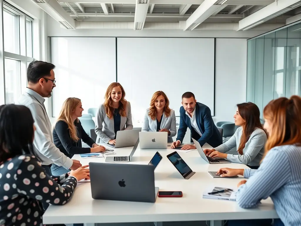 A diverse team of IT consultants collaborating on a digital transformation strategy in a modern office setting, using laptops and interactive displays to analyze data and plan solutions.