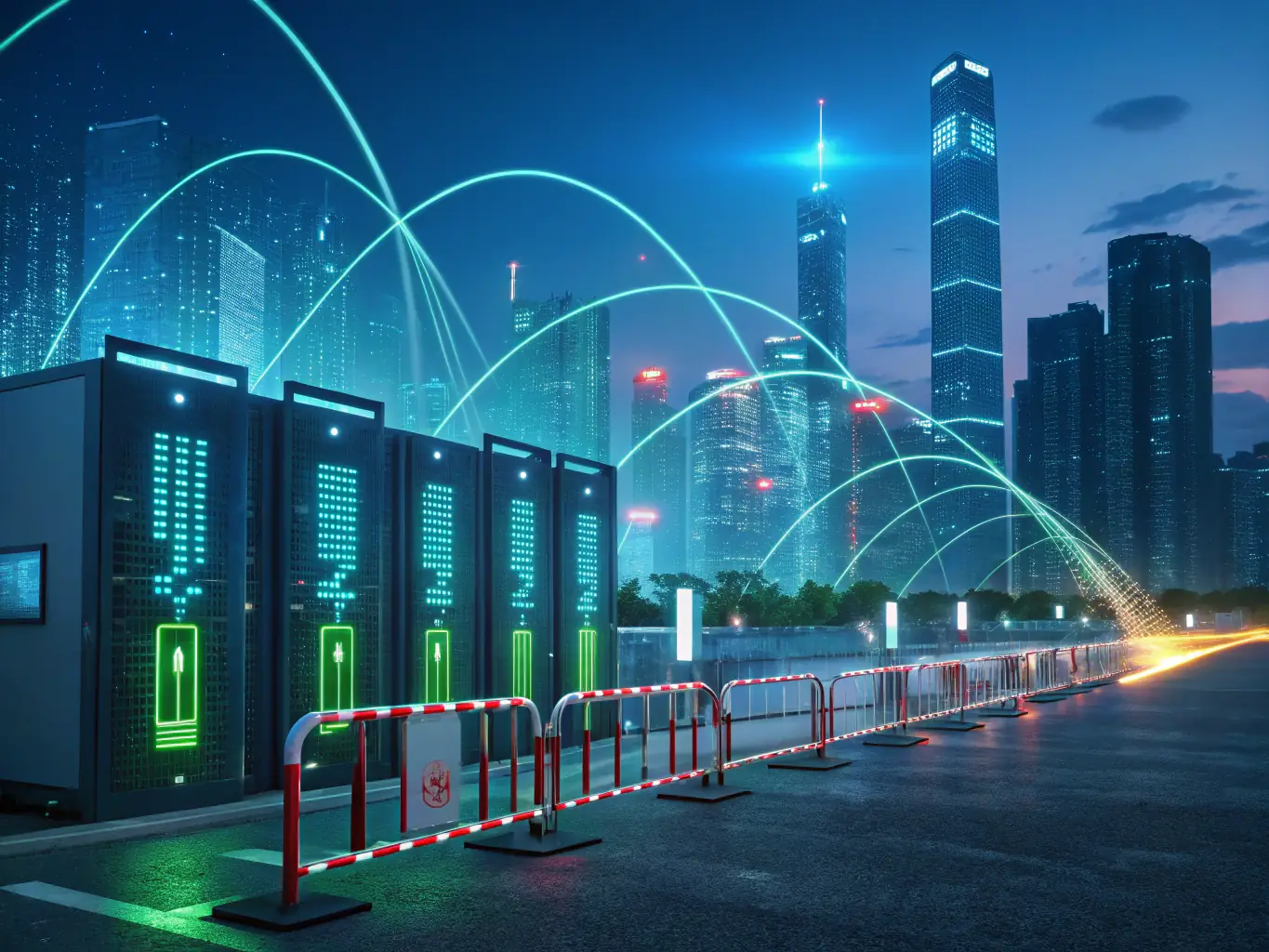 An image illustrating cybersecurity measures, such as firewalls and data protection, emphasizing security and compliance.