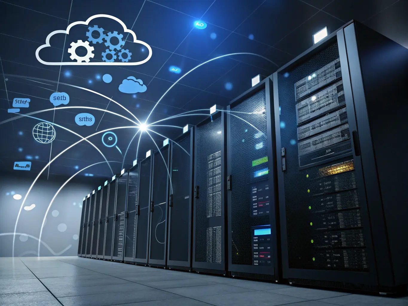 An illustration of interconnected cloud servers and data streams, representing the architecture and scalability of cloud computing solutions.