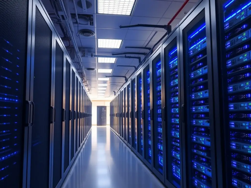 An image of a cloud data center with interconnected servers, symbolizing cloud computing optimization.