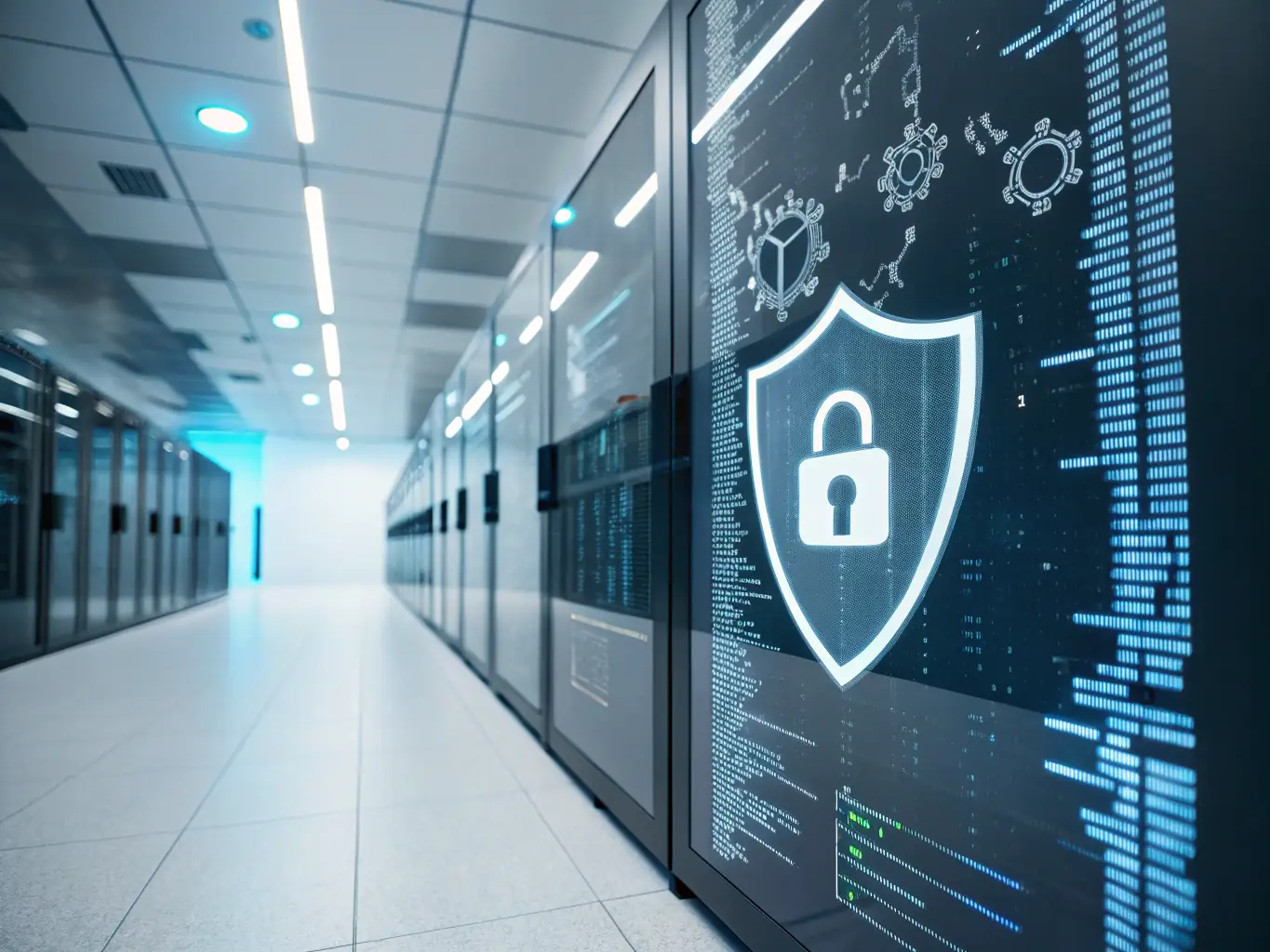 A visual representation of cybersecurity measures, including firewalls, encryption, and threat detection systems, protecting digital assets from cyber attacks.